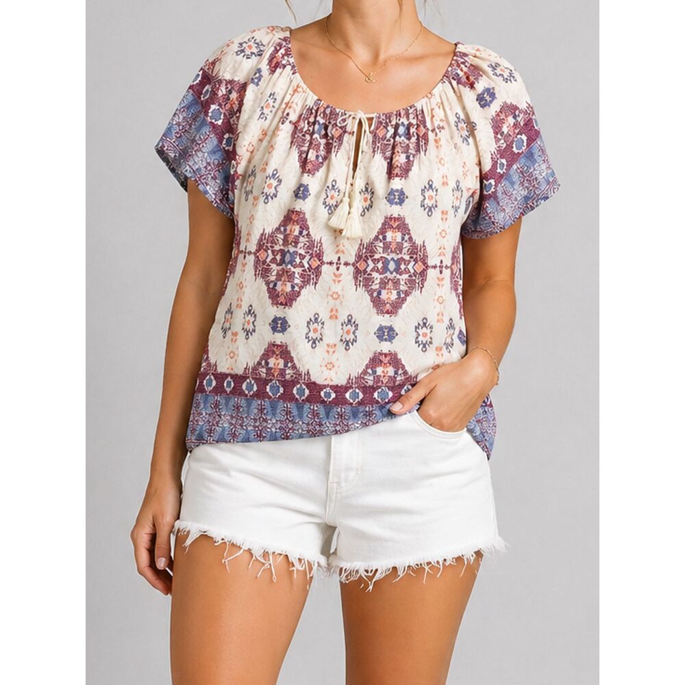 Lucky Brand Boho Peasant Top Womens Medium Tribal Print Tassel Tie Short Sleeve
